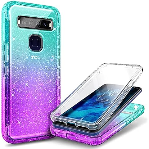 NZND Case for TCL 10 5G UW (Verizon) with Built-in Screen Protector, Full-Body Protective Shockproof Rugged Bumper Cover, Impact Resist Durable Phone Case (Crystal Glitter Aqua/Purple) Cover