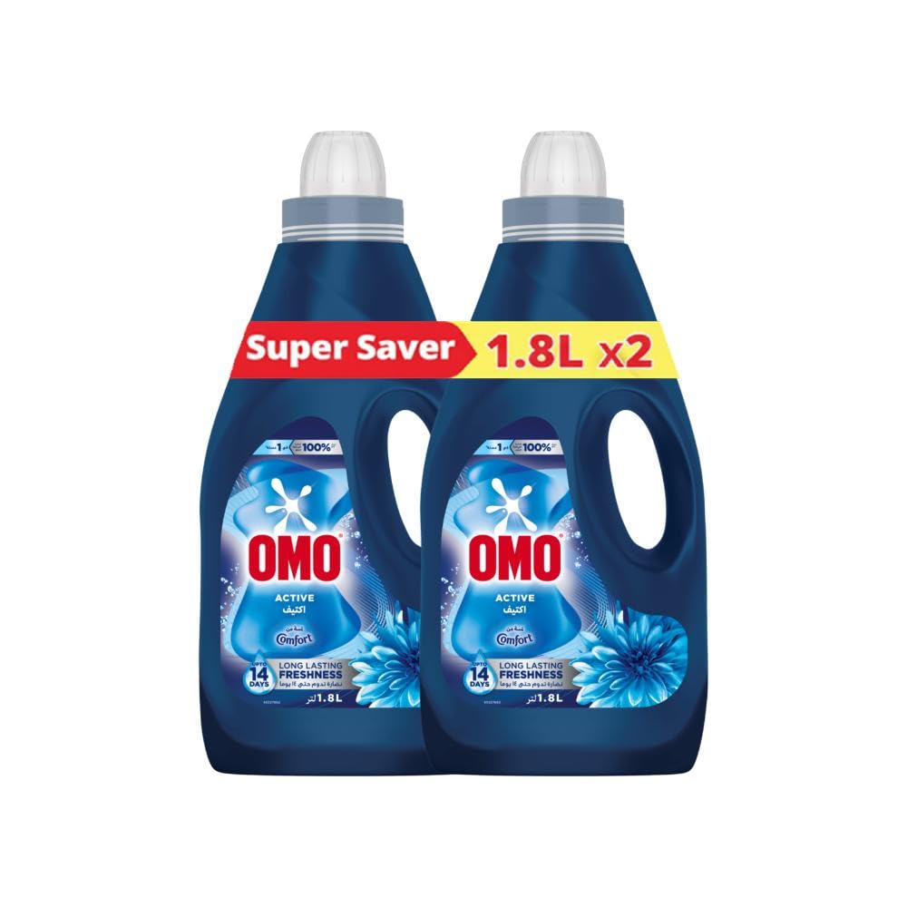 OMO Liquid Laundry Detergent, Active, Long-Lasting Freshness up to 14 Days, up to 100% Stain Removal in 1 Wash, 1.8L x 2