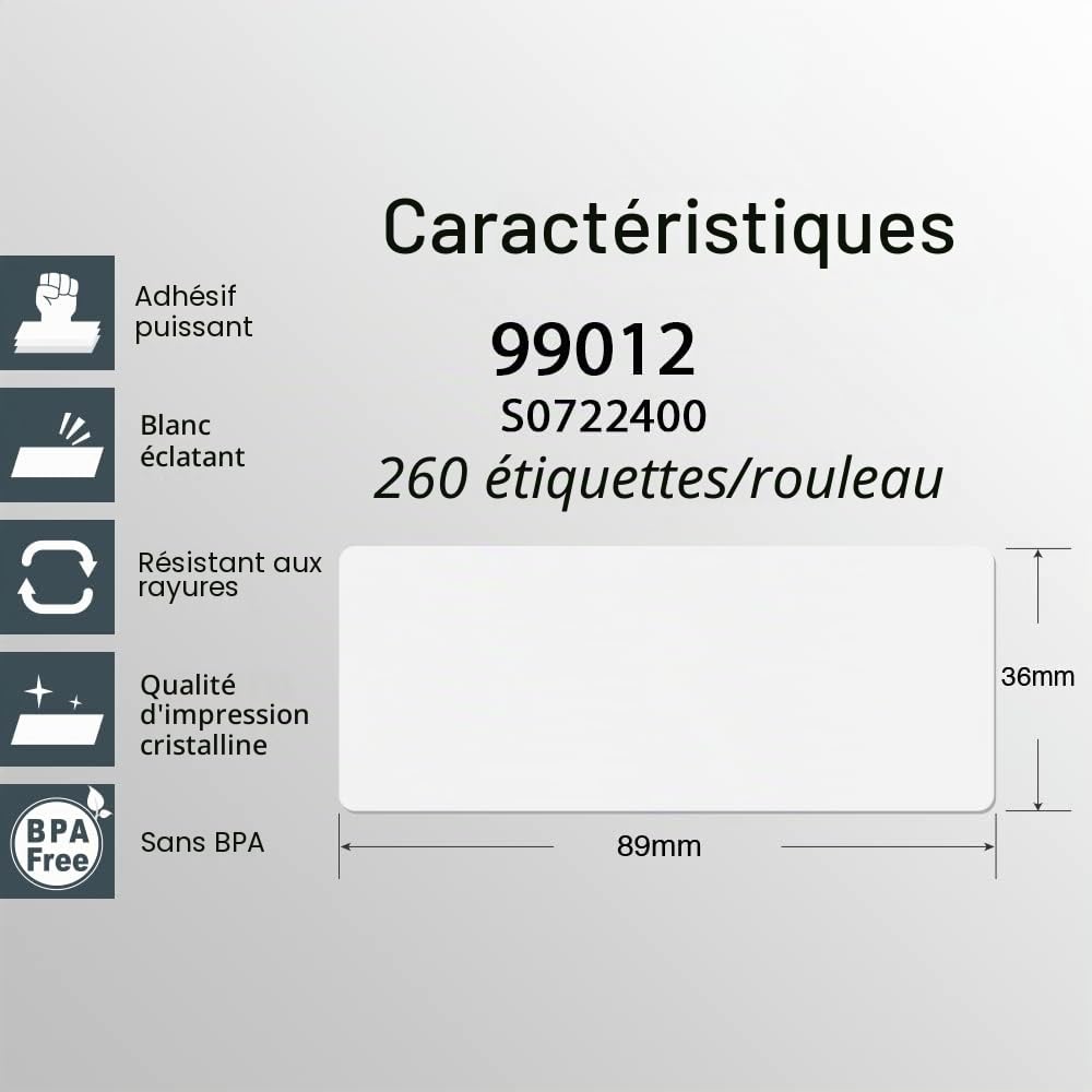 BETCKEY - 10 Rouleaux 99012 Étiquettes Compatible avec DYMO S0722400, 36mm x 89mm, 2600 Étiquettes dAdresse Pour DYMO LabelWriter 450, 4XL, NON Pour 550 ou 5XL