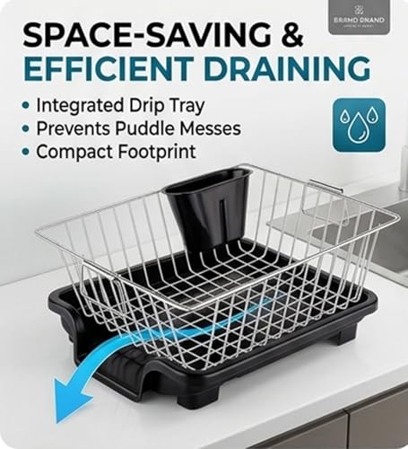 Image of Stainless Steel Dish Drying Rack with Drain Tray, Kitchen Countertop Dish Drainer Basket with Utensil Holder, Plate & Glass Organizer, Rustproof Compact Dish Rack for Kitchen Sink