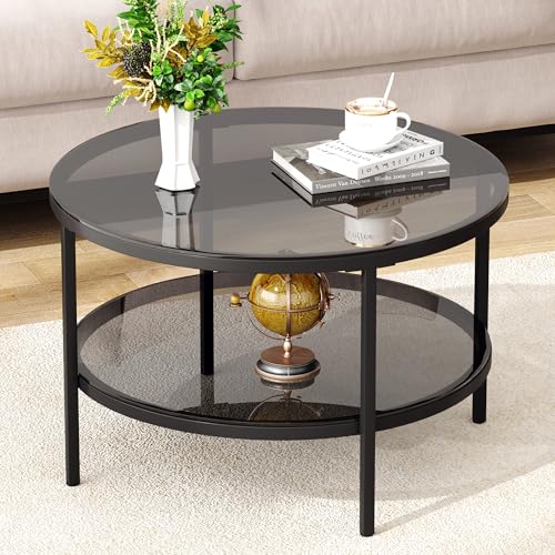 Yusong Round Glass Coffee Tables for Living Room, 2-Tier Circle Coffee Table with Storage, 26'...