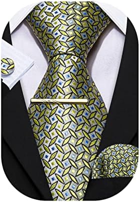 Barry.Wang Men Paisley Floral Silk Tie Set Necktie Solid Handkerchief Cufflinks Tie Clip Wedding Business (Solid Black Flower)