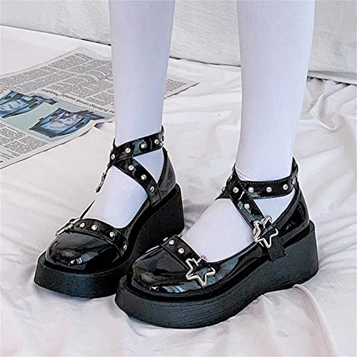 HOTRA Women Platform Wedge Mary Janes Shoes with Cross Strap Star Buckle Patent Leather Rivet Lolita Shoes Halloween Cosplay Shoes (Color : Black, Size : 9 US)2
