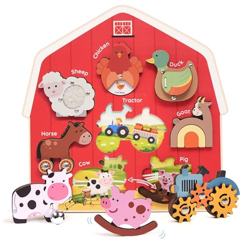 Image of KALOTOYS Wooden Farm Animal Puzzle for Toddlers 1-3 - 8 Piece Montessori Sound & Sensory Puzzle with Textures & Spinning Tractor Gears - Fine Motor Learning Toy & Autism-Friendly Baby Gift