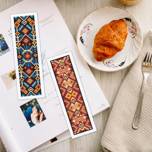 Image of INFUNLY 6PCS Colorful Flower Cross Stitch Bookmark Kit for Adults 8.66 inchx3.15 inch Plaid Flowers Ethnic Embroidery Bookmark Kit Geometric Pattern Counted Cross Stitch Kit with Instruction for Book Lovers