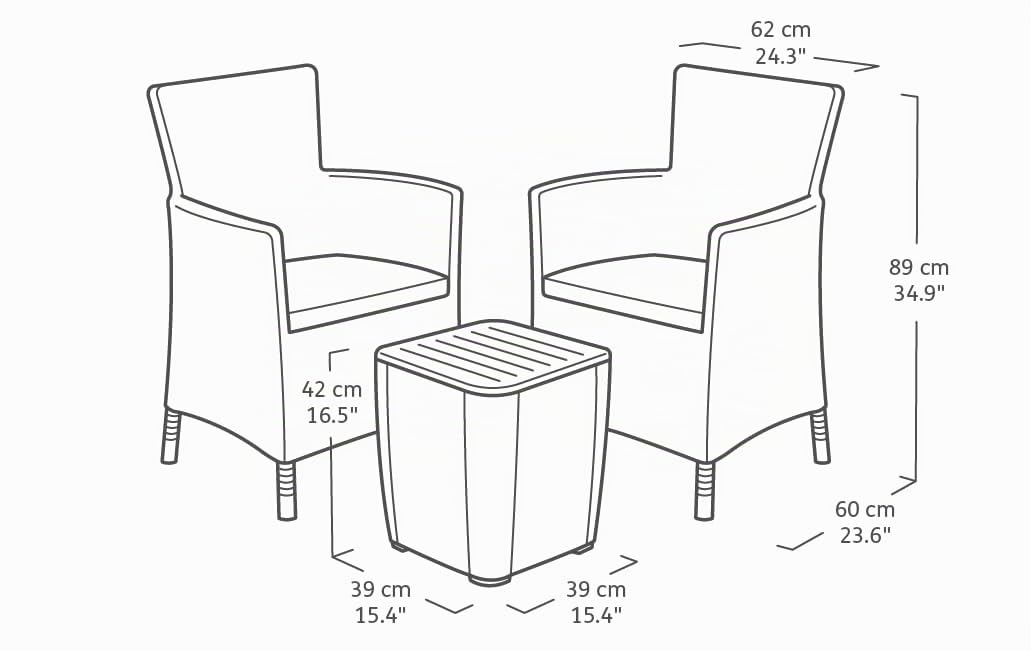Keter Set da Balcone Iowa, 2 Poltrone con Cuscino e Tavolino contenitore, Grafite