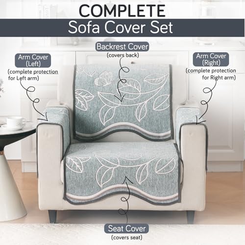 Image of HOKIPO Complete (Seat+Back+Arm) Sofa Mat Set for 1 Seater Sofa |Premium Chenille Sofa Covers with Curve Edges, 'Serene Curves Series' - Celestical Leaves (IN-993+1002+1001 * 2 - D4)