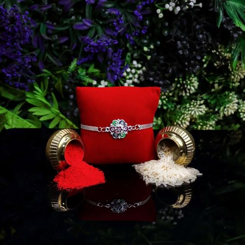 Image of Oblivion Floral and Swastik Chain Rakhi Set of 2 for Brother with Silver Colour Pooja Coin, Tilak Set and Greeting Card for Raksha Bandhan