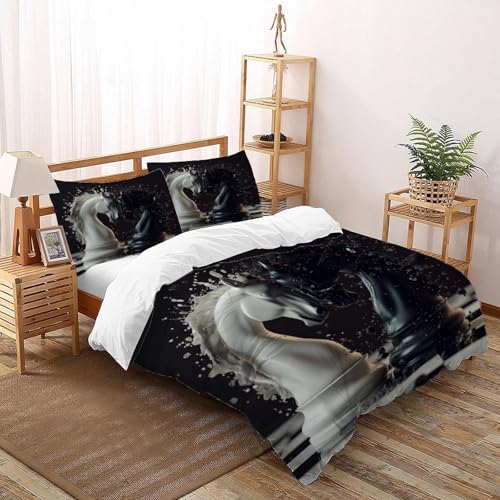 échecs Noir et Blanc Parure De Lit Art Animaux Housse De Couette 3 Pièces Décor De Chambre Microfibre pour Enfants avec 1 Taie d'oreiller Double（200x200cm）