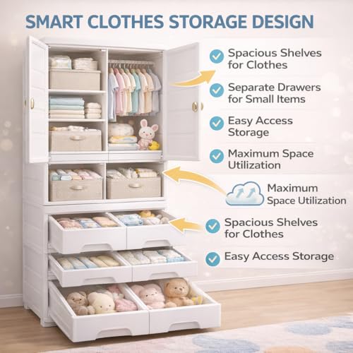 Image of AYSIS Kids Plastic Collapsible Wardrobe Organizer for Storage with Drawers | Cute Cartoon Design | Heavy Duty Cloth Organizer for Storage | Easy to Assemble | Perfect for Kids Room & Home | Elephant