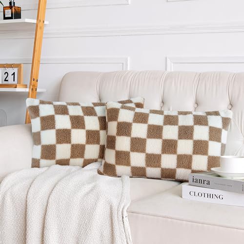 AmHoo 2 Pack Checkerboard Throw Pillow Covers 12x20 Inch Camel