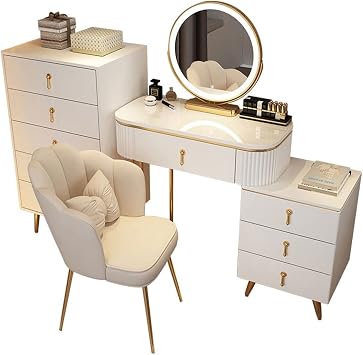 Vanity Dressing Table Set Luxury Makeup Bench with 3 Colors Led Hd Mirror,Comfortable Stool Drawers Cabinet,Modern Simple Style,for Girls Gift Size 120cm