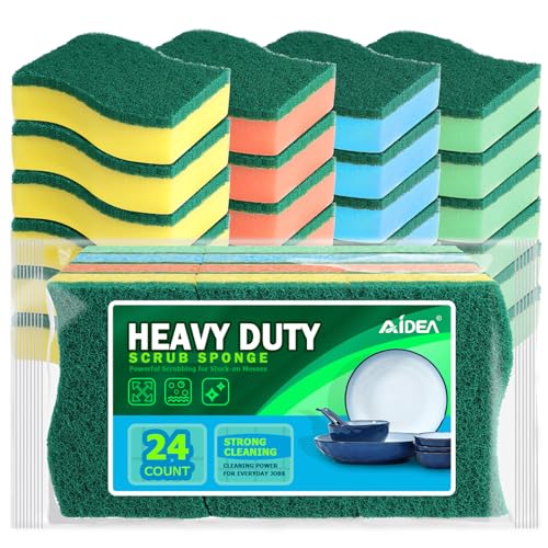 Image of AIDEA Sponges Kitchen, 24Pack Heavy Duty Dish Sponge, Cleaning Dish Scrubber Sponge for Home and Kitchen, Stink-Free Cleaning Supplies for Pots, Pans