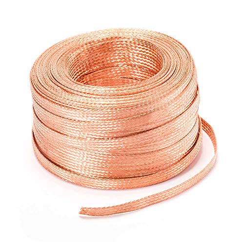 XMRISE Flat Braided Copper Wire Drain Cable Electric Stranded Bare Flexible Spiral Grounding Lead Conductive Conductors 10m,4#:1mmX8mmx10m/32.8ft