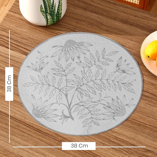 Image of Yellow Weaves 4 Pcs PVC Round Table Placemats, Dining Table Mat, Stain Resistant, Anti-Skid, Waterproof, Washable, Dining, Kitchen, Restaurant Table Set Easy to Clean, Durable (Botanical Silver)