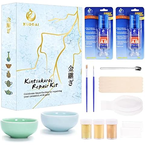 Kintsukuroi Repair Kit, Repair Ceramic Bowls and Vases with Gold Powder Glue, Crack Beautification Repair Kit-Two Practice Bowls & Rich Accessories Cover