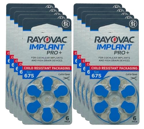 Rayovac Cochlear Implant Pro+ Batteries | Size 675 (60 Pack) | Child-Resistant Packaging