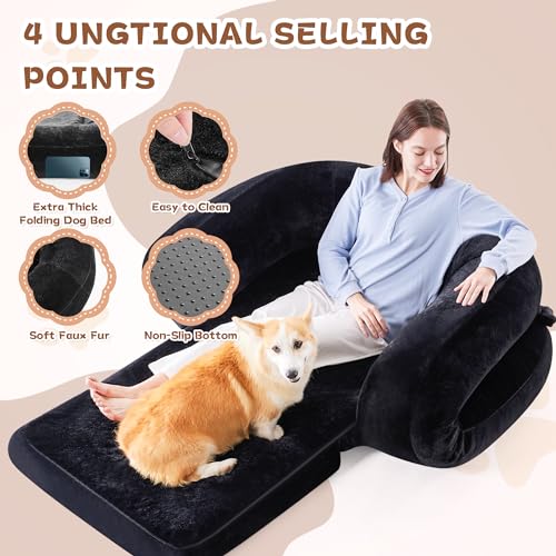Yojoker Human Dog Bed for People Adults, 3 in 1 Giant Foldable Bean Bag Bed with Blanket, Washable Faux Fur Nap Floor Bed Adult for People, Pets Removable Large Memory Foam Human Sized Dog Bed Black