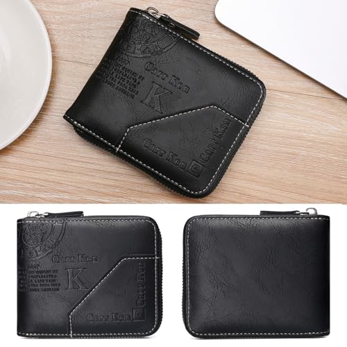 Image of Mens wallet Leather wallet men Wallet Zipper RFID Bifold Wallet for Men ID card Window Credit Card Coin Photo Multifunction Card Slots Gift for Him,Black
