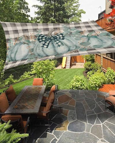 Waterproof Sun Shade Sail Fall Thanksgiving Green Pumpkin Eucalyptus Leaves Plaid Linen Outdoor Patio Sun Shades Canopy UV Block Water Resistant Sunshade for Garden Backyard Deck Pergola 6.5x10 Ft