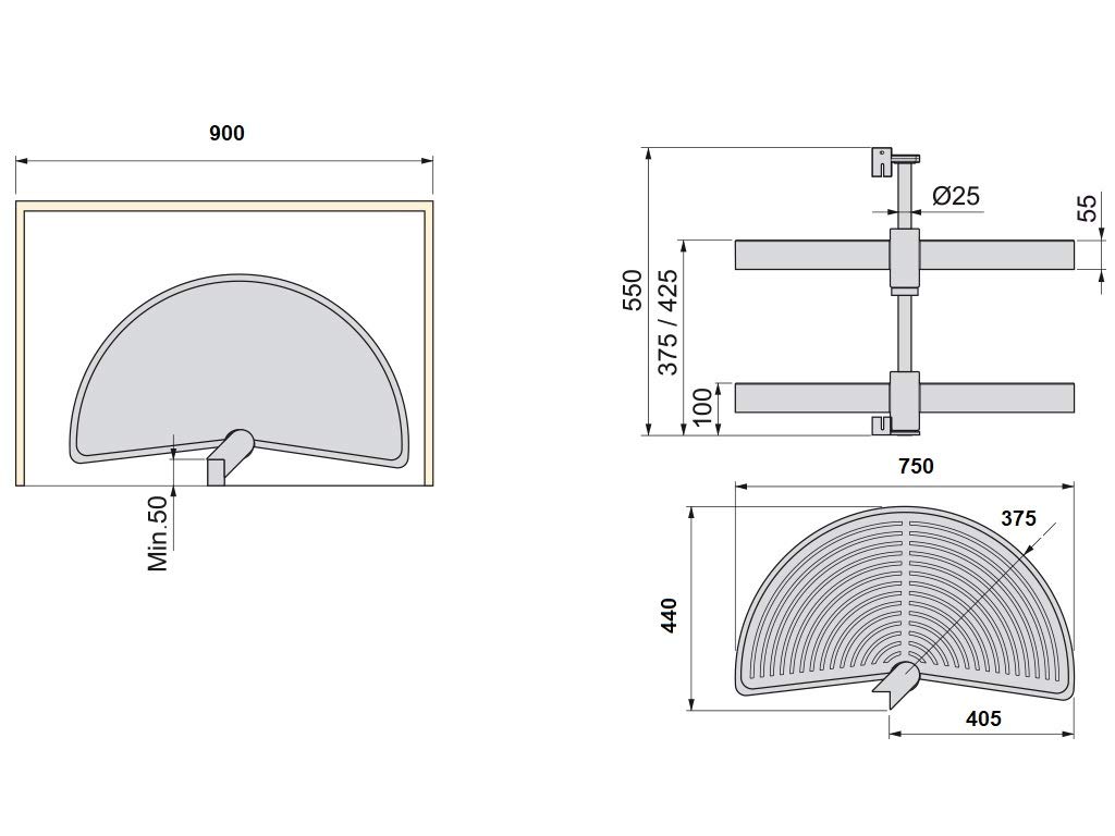 Gedotec Halbkreis-Schwenkbeschlag Küche Drehbeschlag Tablarboden für Eckschrank | Drehteller für Unter-Schrank | 900 x 550 mm | 1 Komplett-Set mit Schwenk-Böden aus Polyamid