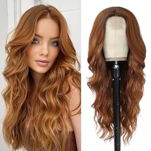 Long Auburn Wig for Women 26Inch Wavy Curly Ginger Orange Hair Wigs Synthetic Hair Replacement Wig Heat Resistant Hair Wig for Daily Party Use(26” 30M-Auburn)