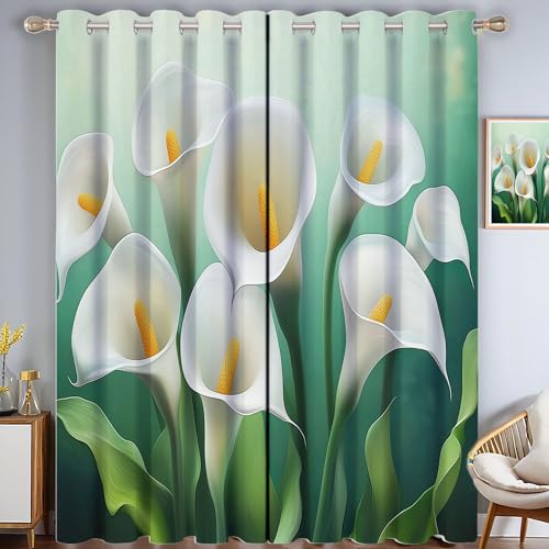 MULERN Cortinas Salon Termicas, Aislantes Frio Y Calor 140An X 260Al Cm Cortinas,Lirio De Cala Opacas Cortinas, Flores Artísticas Dormitorio Cortina Blackout para Riel Cortinas 2 Piezas