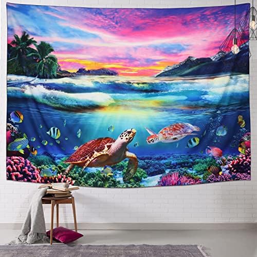 Sea Turtle Tapestry Sunset Tapestry Underwater World Tapestry Tropical Fish Tapestry Wall Hanging for Bedroom Dorm Room