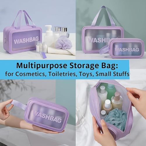 Image of KASHIVAL 3-Piece Clear Travel Toiletry Bags Set, Waterproof Transparent Makeup Organizer Pouches with Zipper, Large Medium Small Cosmetic Storage Cases with Carrying Handle (Purple)