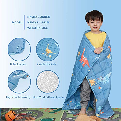 Rosmarus 5Lbs Kids Weighted Blanket, 36×48Inches, 100% Cotton Toddler Heavy Throw Blanket Nontoxic Glass Beads, 5Lbs For A 40-70 Lbs Child, Dinosaur Blue #TOP1