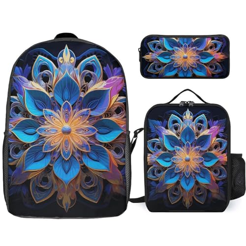 Rectangle Mandala Backpack Set Lightweight Bag Lunch Box Pencil Bags for Women Men Bookbags 3 in 1