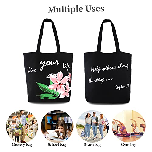Mel Jun Canvas Tote Bag For Women, Light Beach Bags Gym Tote Reusable Grocery Bag Reading Totes Weekend Church Bag Black Floral Tote Bags With Pink Flower #TOP4