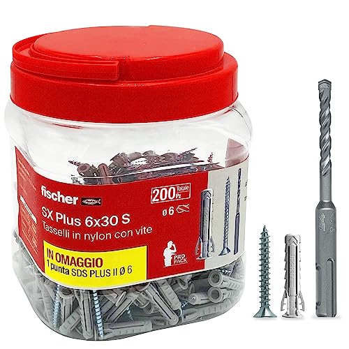 Fischer Propack SX Plus 6 S, 200 chevilles 6 x 30 avec vis + foret SDS 6 mm, bocal réutilisable, pour fixation sur béton et maçonnerie 570206, gris