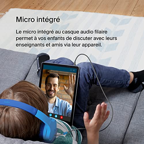 Belkin Casque audio filaire SoundForm Mini (pour enfants, circum-aural, micro intégré, pour apprentissage en ligne, école, voyage, jeu, pour appareils dotés d'un port audio 3,5 mm, bleu)