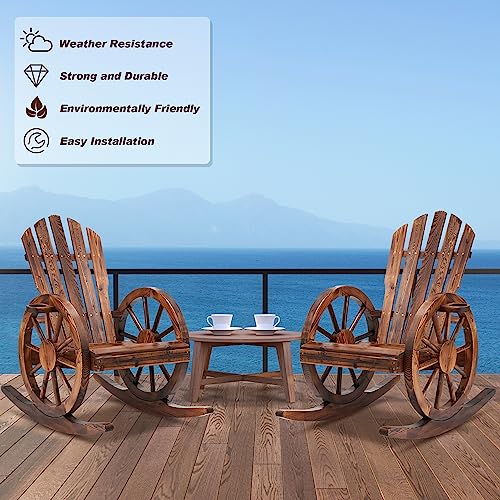 AHB Outdoor Wood Rocking Chair, Wagon Wheel Decor Armrest Yard Glider Rocking Patio Chair with Slatted Design, Adirondack Rocking Chair for Porch Lawn Garden Balcony Poolside, Brown (2 PCS)