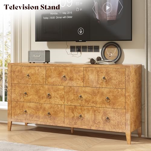 Image of AMERLIFE 61 inch Wide 7-Drawer Dresser, Mid-Century Modern High Gloss Burl Wood Finish Chest of Drawers with Anti-Tip Kit, Storage Organizer for Bedroom, Living Room, Entryway, Office, Yellow