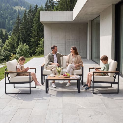 Image of Aoxun 4 Piece Metal Patio Furniture Set with Coffee Table Cream