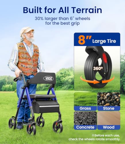 Image of VOCIC Z21 Rollator Walker for Seniors with Seat, 8 inch All Terrain, 350 LBS | Lightweight Foldable & Dual Height Adjustable for Seniors, Ergonomic Arc Seat&6 inch Ultra Backrest Provide Comfort, Blue