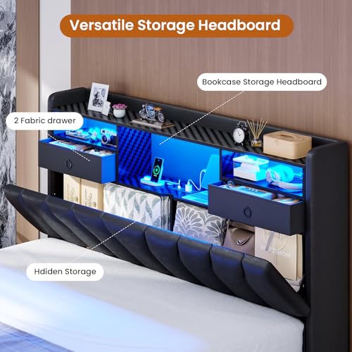 DICTAC Queen Bed Frames with Storage Headboard and 2 Large Drawers, Gaming Bed with RGB Lights and Charging Station, Leather Upholstered Platform Bed, Esports-Style Bed, No Box Spring Needed, Black