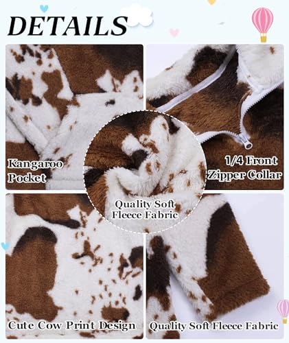 Girls Cow Print Pullover Quarter-Zip Sherpa Fleece Jackets Casual Fuzzy Outwear Coat with Pockets4
