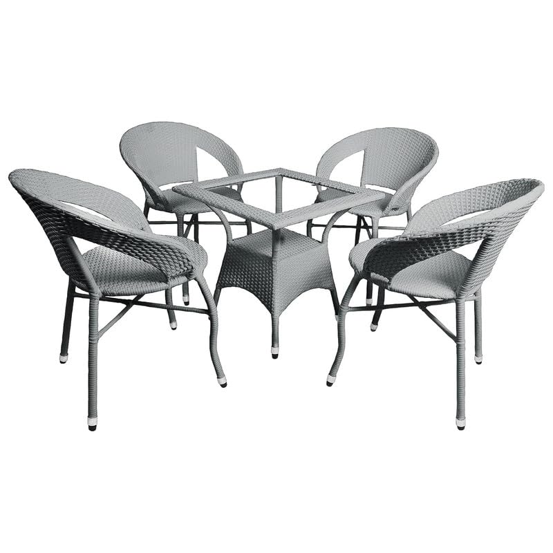 Image of Amazon Brand - Solimo Rattan Wicker 4 Seater Patio Seating Set | 4 Chair and 1 Square Glass Topped Table Set | Coffee Table Furniture for Balcony, Garden, Terrace, Indoor, Outdoor Use (Grey)