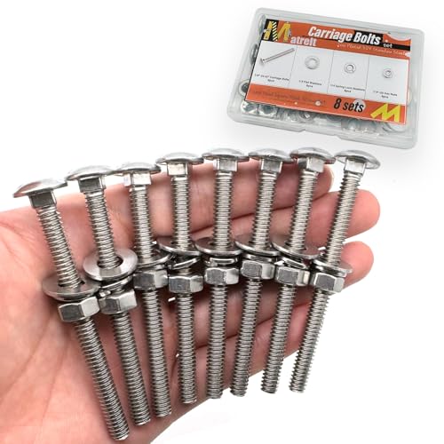 Image of 8 Sets 1 /4 inch-20 x3 Carriage Bolts Round Head Square Neck Screws with Hex Nuts Flat Washers Spring Lock Washers 304 Stainless Steel Full Thread Coverage Square Neck Bolts Assortment Kit