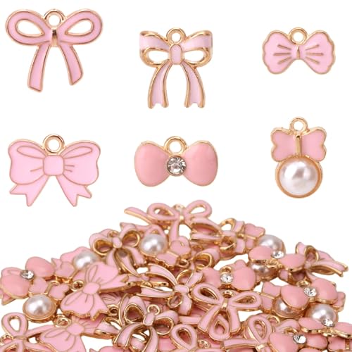 60pcs Pink Bow Charm, 6 Styles Zinc Alloy Bow Pendant Cute Enamel Bownot Theme Connection Accessories for Ornament DIY Necklace Bracelet Jewelry Making