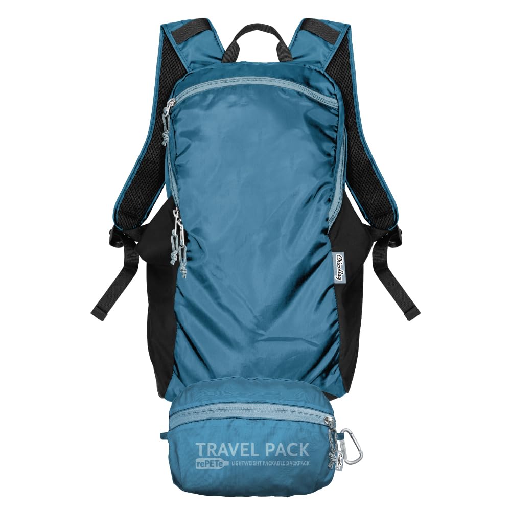ChicoBag Travel Pack rePETe + Refine | Eco-friendly Lightweight and Packable Travel Backpack (Sapphire)