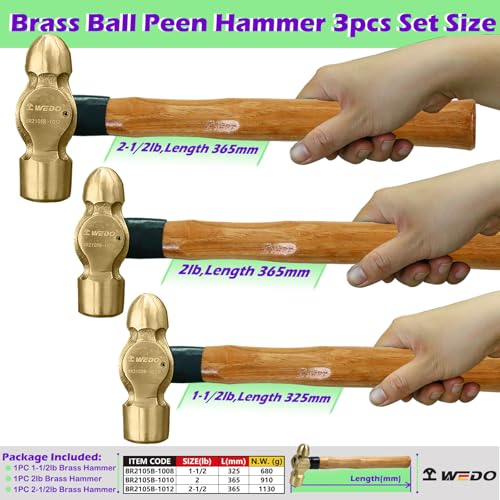 Image of WEDO 3PCS Brass Ball Peen Hammer Set, 24 oz+32 oz+40 oz(1-1 /2lb+2lb+2-1 /2lb), Brass Ball Pein Hammer Set with Wooden Handle, Die-Forged, Corrosion Resistant, DIN Standard