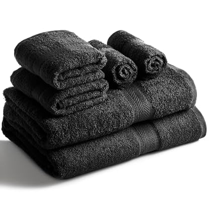 Sweet Needle - Handtücher-Set, Schwarz - 2 Badetücher, 2 Handtücher und 2 Waschlappen, täglicher Gebrauch, ringgesponnen, 100% Baumwolle, sehr saugfähig für Badezimmer, Dusche (6 Stück)