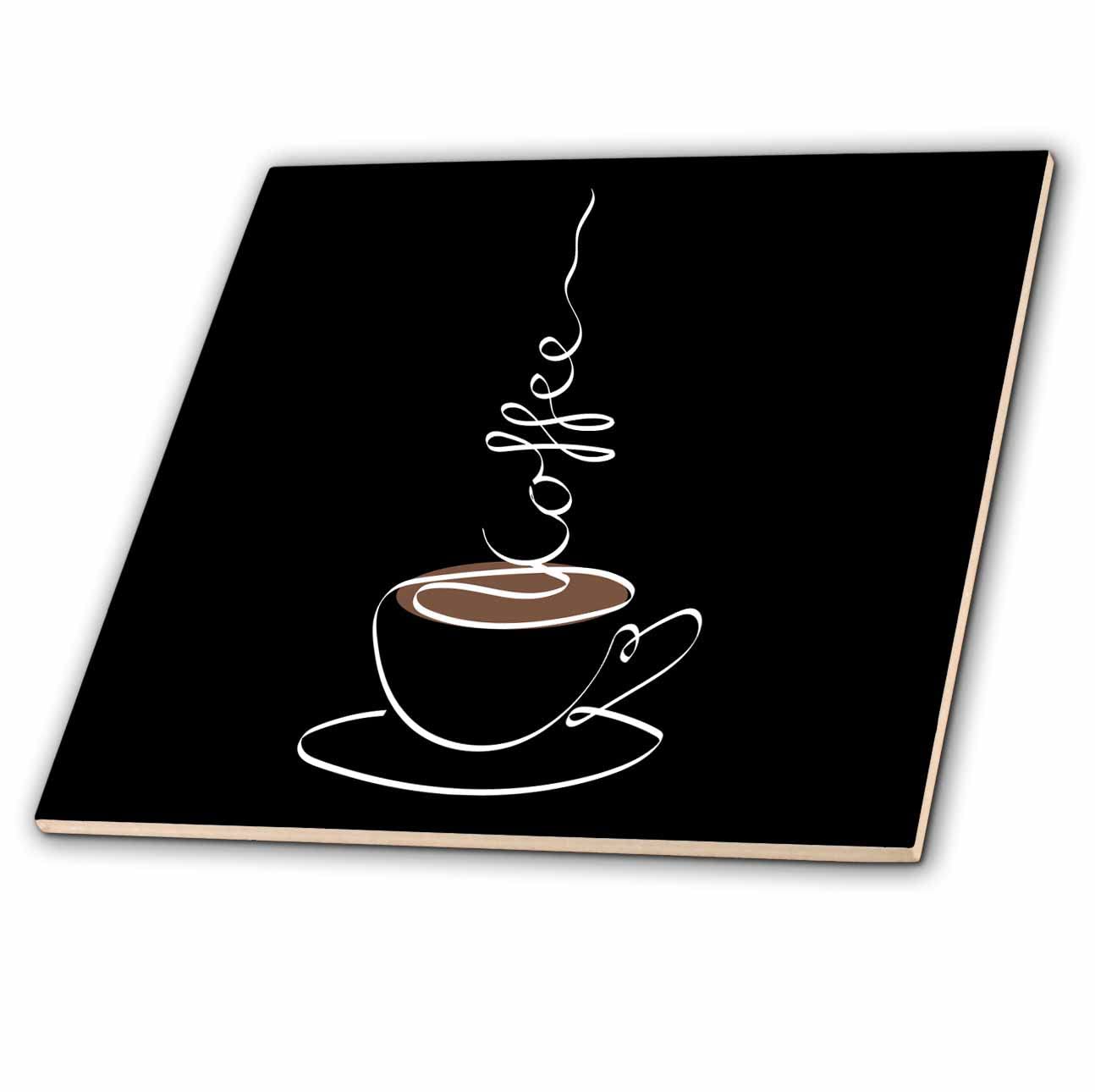 6 Inch Ceramic Tile - Black Coffee Minimalist Chic line Art of a Cup of Coffee on Black Alexis Design - Coffee