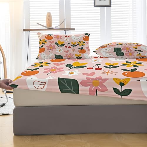 Drap housse 160x200 géométrie oiseaux fleurs grand bonnet 30cm rose - 5