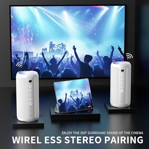 Image of Ortizan Portable Bluetooth Speaker, IPX7 Waterproof, Wireless, Big Sound and Deep Bass, 24W Stereo, TWS Pairing, 30Hrs Playtime, Bluetooth 5.3, RGB Lights, for Home /Party /Outdoor /Beach (X10 White)