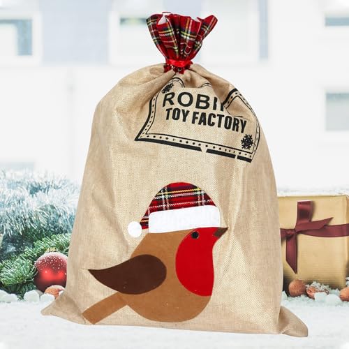 WedDecor Burlap Hessian Robin Santa Sack, Large 50cm x 70cm Christmas Bag with Red Plaid Cuff and Robin’s Toy Factory Design, Rustic Reusable Festive Holiday Sack for Xmas Décor- 50cm x 70cm